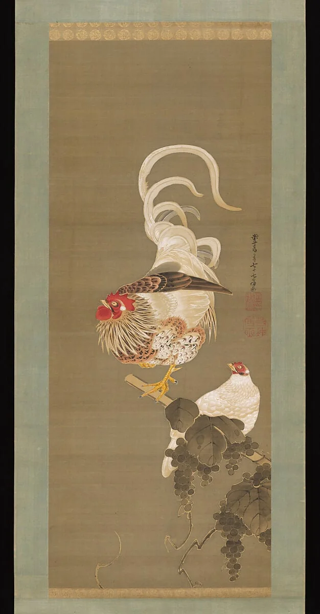 伊藤若沖筆 葡萄双鶏図|Hen and Rooster with Grapevine, detail