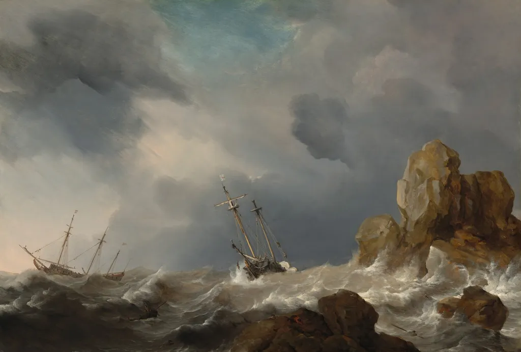 Ships in a Gale, by Willem van de Velde the Younger, oil, 1660