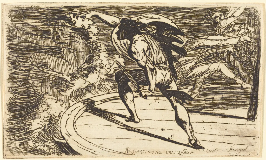 Cormar Attacking the Spirit of the Waters (Ossian, Fingal, Book III), by Alexander Runciman, ink, 1774