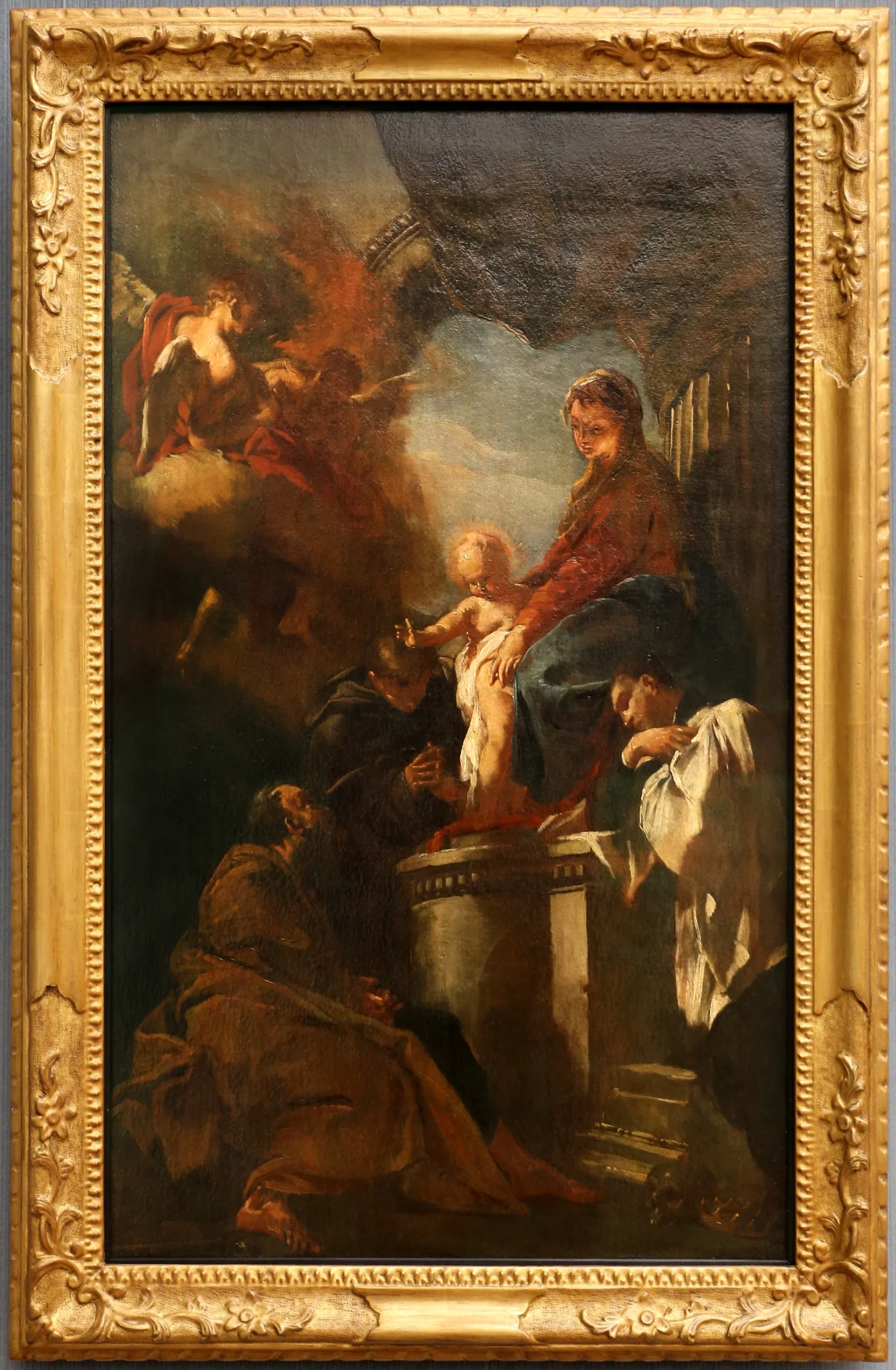 Thronende Maria mit dem Kind, von den Heiligen Joseph, Antonius von Padua und Francesco Borgia verehrt, detail
