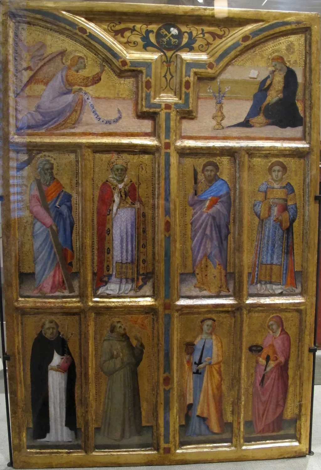 Annunciate Angel, the Apostle Andrew, a Bishop Saint (Savinus?), and Saints Dominic and Francis of Assisi [left]; Virgin Annunciate and Saints Bartholomew, Lawrence, Lucy, and Agatha [right], by Bartolomeo Bulgarini, unspecified, 1360
