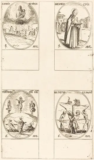 St. Mary of Snow; St. Memmius, Bishop; The Transfiguration; Sts. Justus and Pastor, by Jacques Callot, ink, 1634