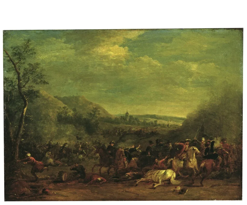 Cavalry Engagement against the Turks, with a Church in the Background, by Jan Pieter van Bredael, paint, 1715