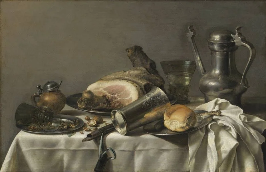 Laid table with Jan Steen pitcher and ham, detail