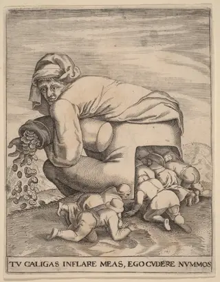 The Man with the Moneybag and His Flatterers, by Johann Theodor de Bry, ink, 1592