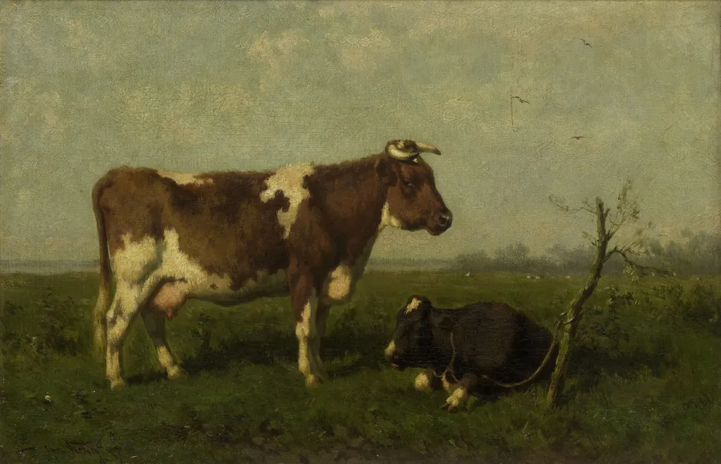 A Cow with her Calf in a Meadow, by Jan Vrolijk, oil, 1890