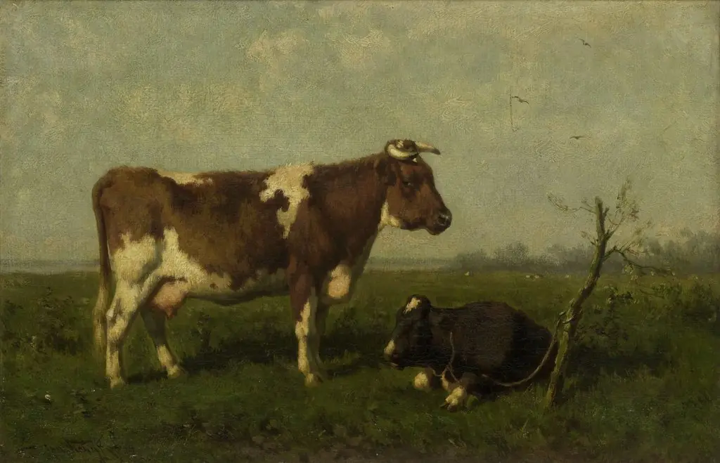 A Cow with her Calf in a Meadow, by Jan Vrolijk, oil, 1890