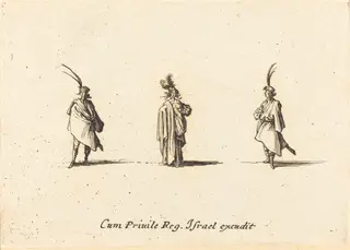 Lady in Long Cloak, and Two Gentlemen, by Jacques Callot, ink, 1634