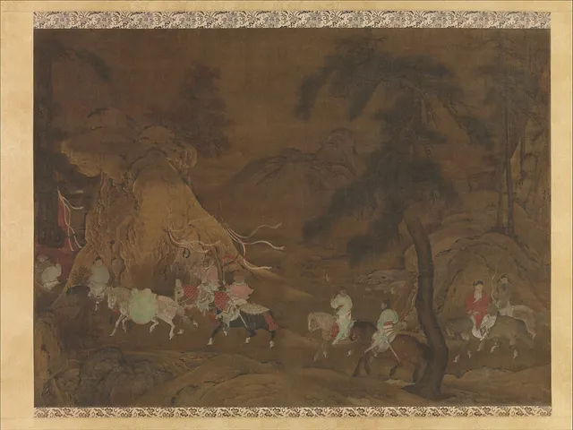 Emperor Xuanzong's Flight to Shu, a Southern Song scroll that preserves the Tang blue-and-green manner: mineral-green peaks packed edge to edge, the imperial party reduced to threading riders.