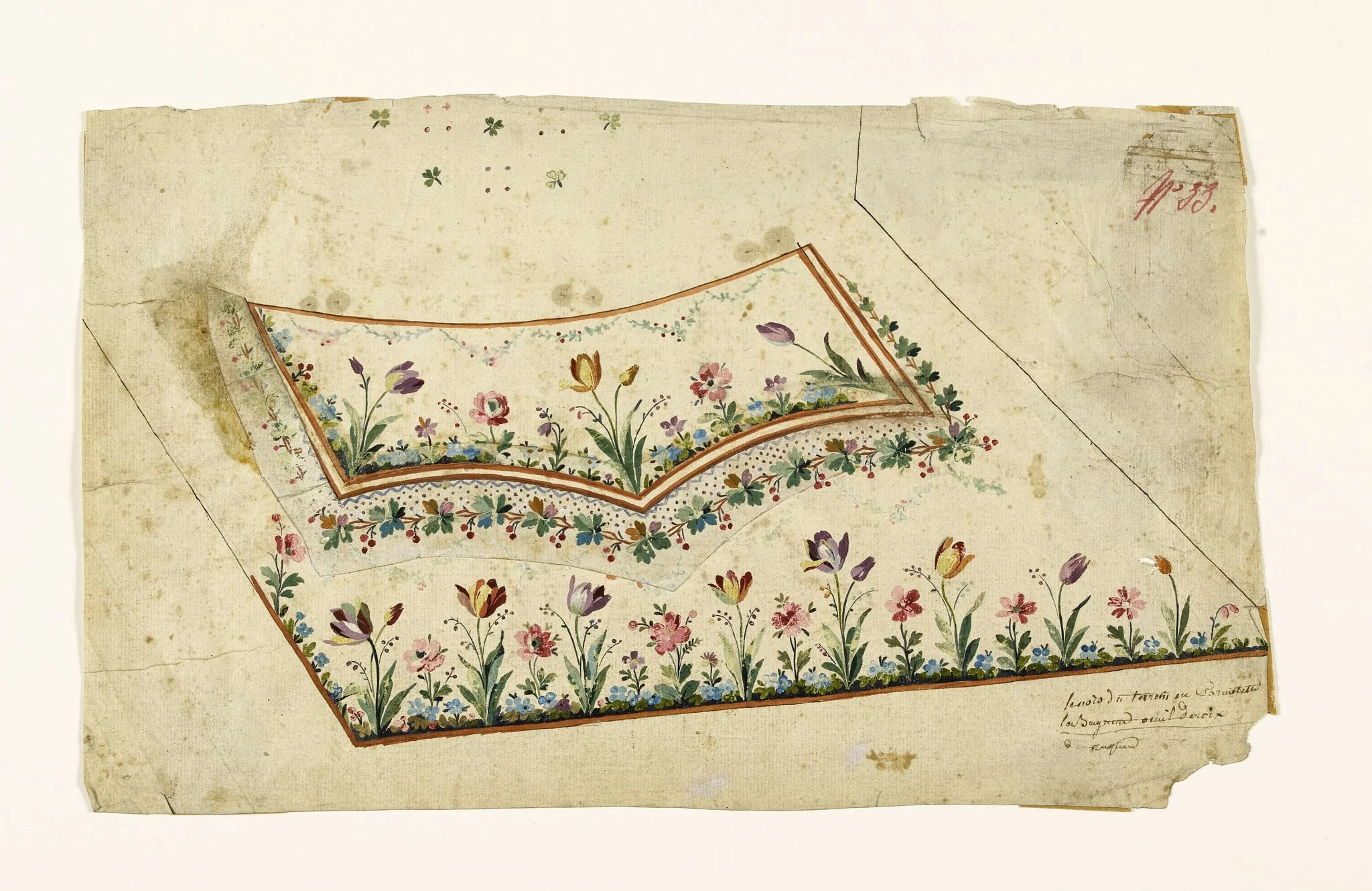 Série de tulipes et guirlandes de feuilles et de baies rouges, projets de broderies de gilet, XVIIIème siècle, detail