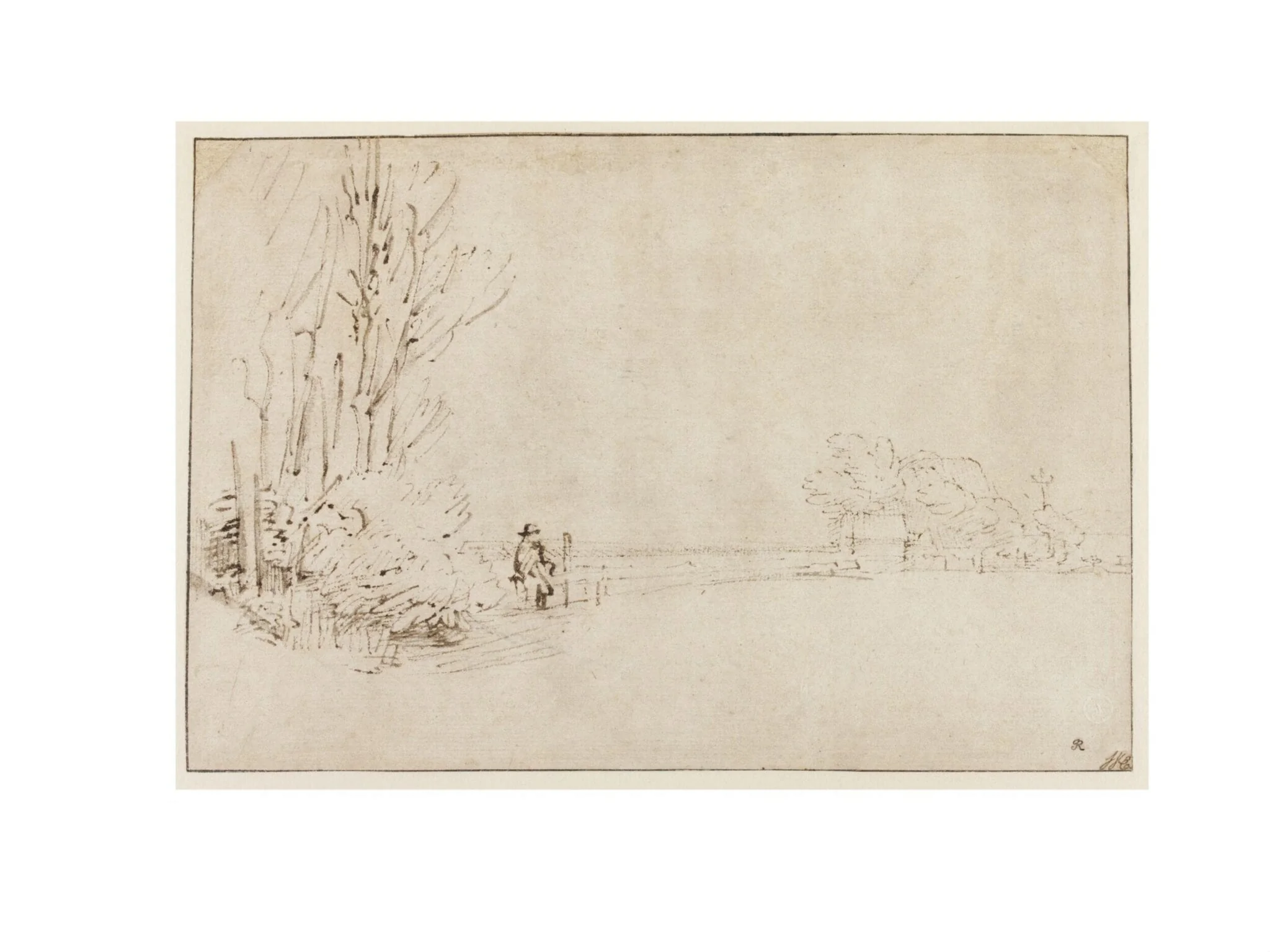 View Looking South Along the Amsteldijk, with a Man Sitting on a Sluice Gate Near a Farmstead, detail