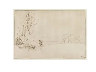 View Looking South Along the Amsteldijk, with a Man Sitting on a Sluice Gate Near a Farmstead, by Rembrandt van Rijn, 1653