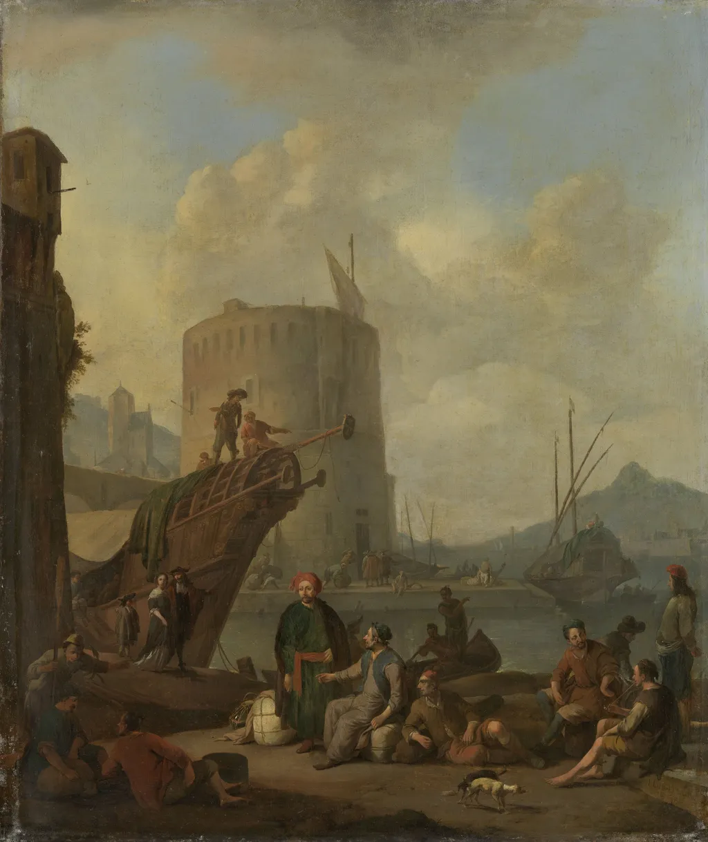 Italian harbor with a fortified tower, by Johannes Lingelbach, oil, 1664