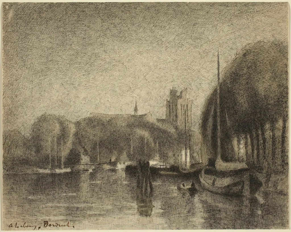 Harbor in Dordrecht, by Albert Lebourg, ink, 1896