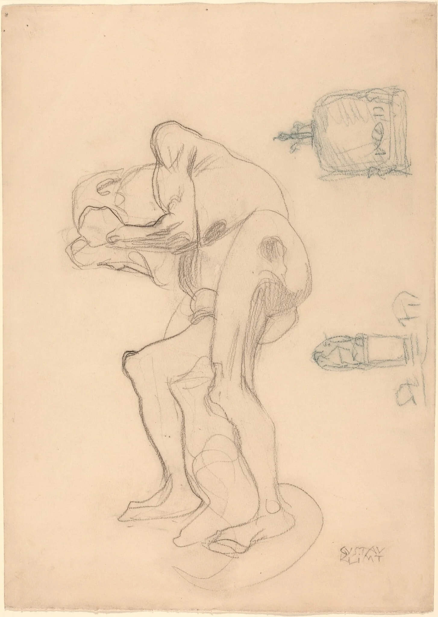 Study of a Nude Old Woman Clenching Her Fists, and Two Decorative Objects, detail