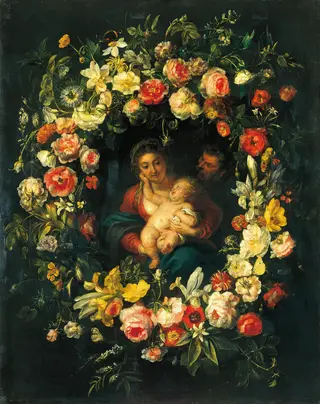 Holy Family in a Wreath of Flowers, by Erasmus Quellinus II, oil, 1636
