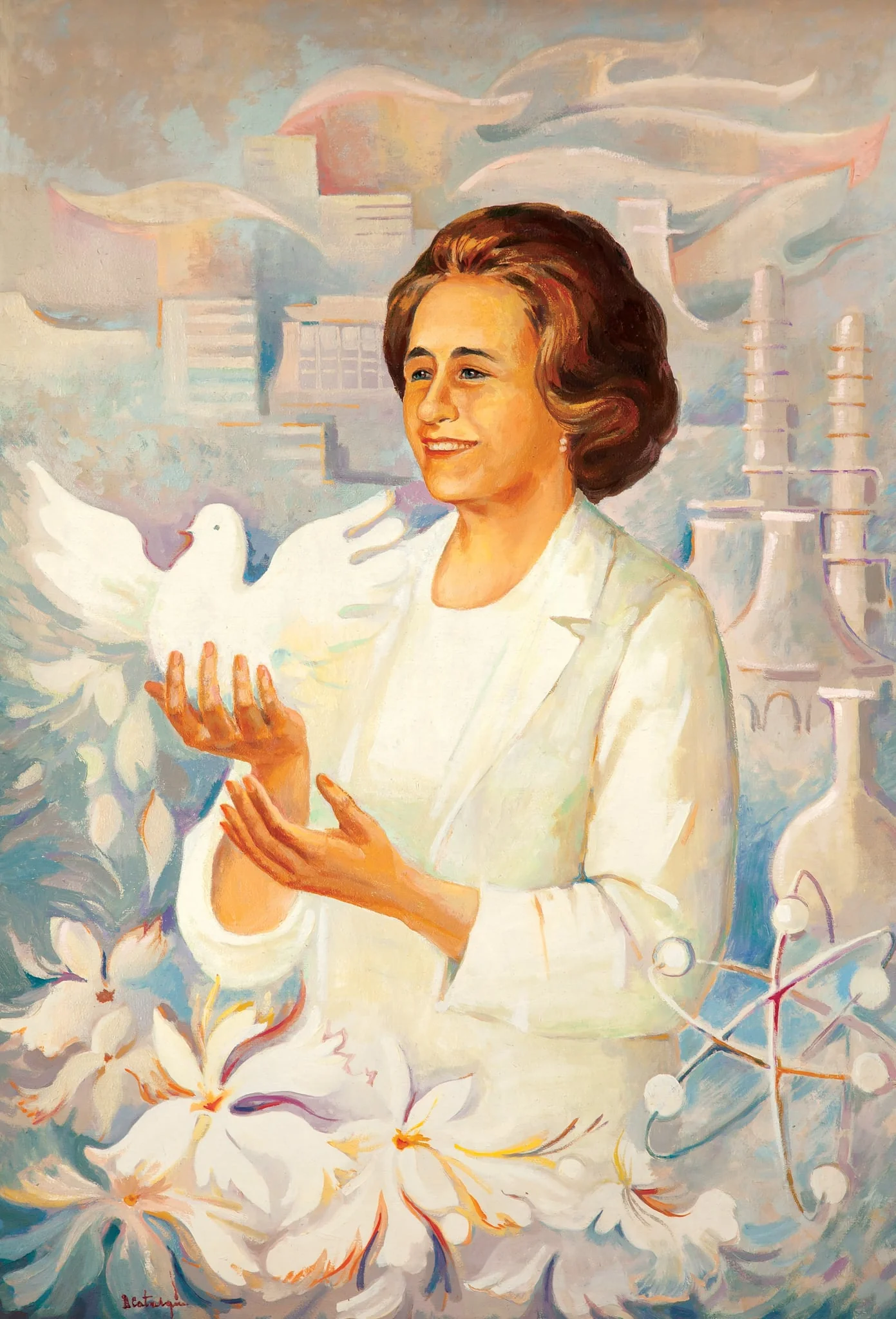 Tablou, ulei pe pânză, „Elena Ceaușescu”, semnat Doina Catargiu în partea stângă jos, nedatat. Elena Ceaușescu este reprezentată în centrul tabloului ținând în mâini un porumbel alb - simbolul păcii - cu aripile desfăcute; pe fundal un combinat petrochimic; în partea de jos a tabloului sunt reprezentate flori mari albe. În stânga jos o reprezentare a atomului. Comandat și oferit de Comitetul Județean de Partid Suceava (1985)., detail