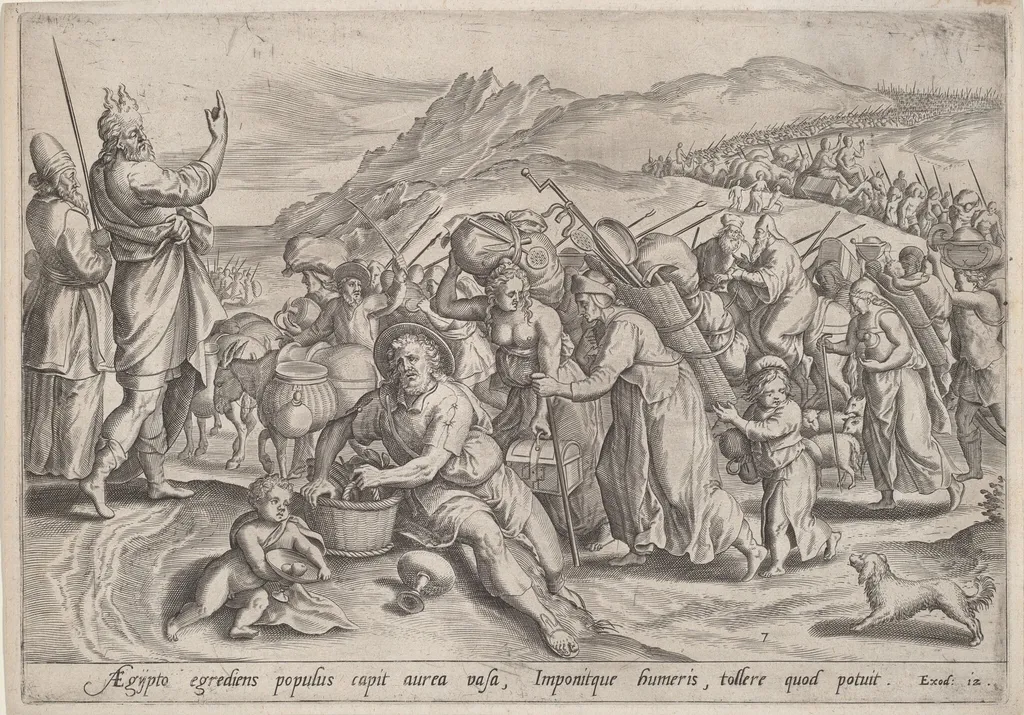 The Exodus from Egypt, by Jan Sadeler I, ink, 1585