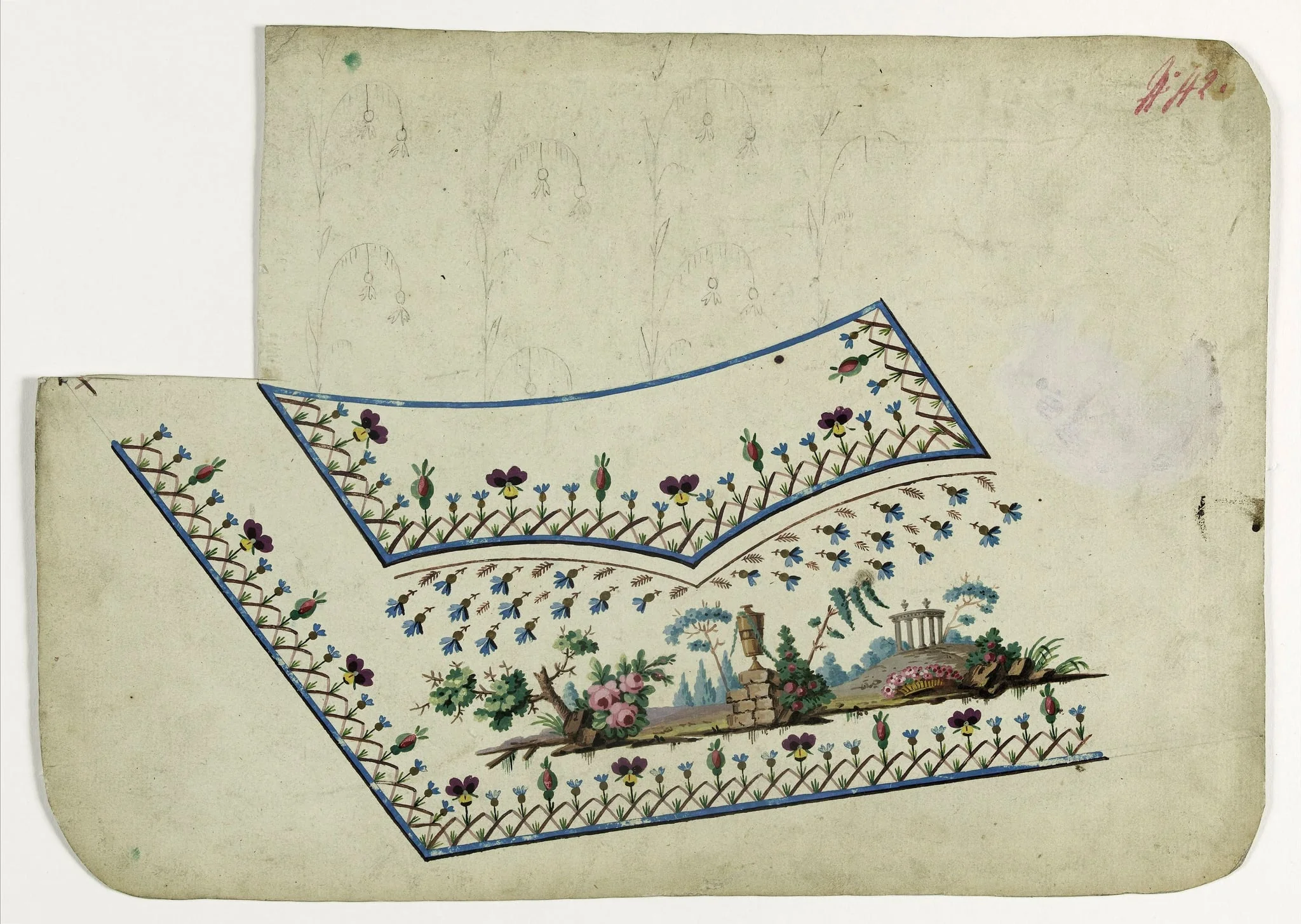 Paysage avec urne et ruine antique, projets de broderies de gilet, XVIIIème siècle, detail