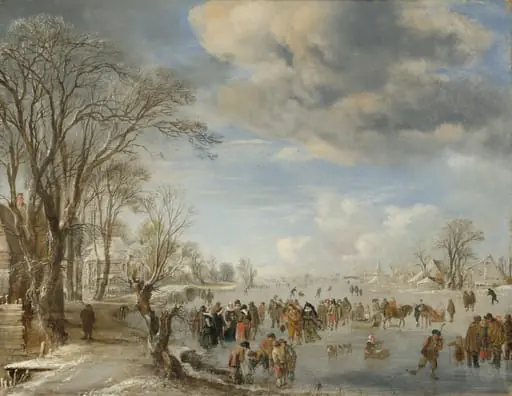 Winter in Holland: Skating Scene, by Aert van der Neer, oil, 1645
