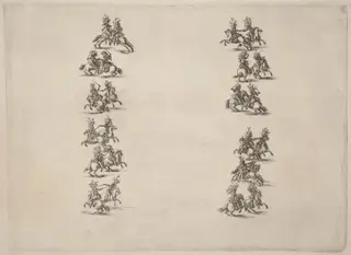 Cavaliers Fighting in Two Columns, by Stefano Della Bella, ink, 1652
