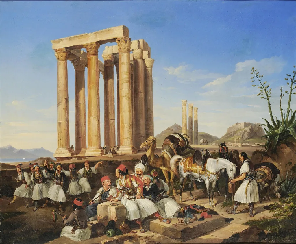 Εορτασμός της Καθαράς Δευτέρας στους στύλους του Ολυμπίου Διός στην Αθήνα, by Perlberg Christian, unspecified, 1838