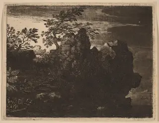 Large Rock at the River, by Allart van Everdingen, ink, 1650