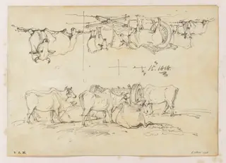 Two drawings of cattle surrounding a bullock cart, by George Chinnery, 12