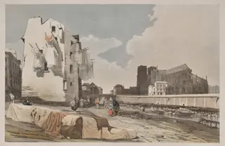 Picturesque Architecture in Paris, Ghent, Antwerp, Rouen:  Nôtre Dame, Paris, from the Quai St. Bernard, by Thomas Shotter Boys, 1839