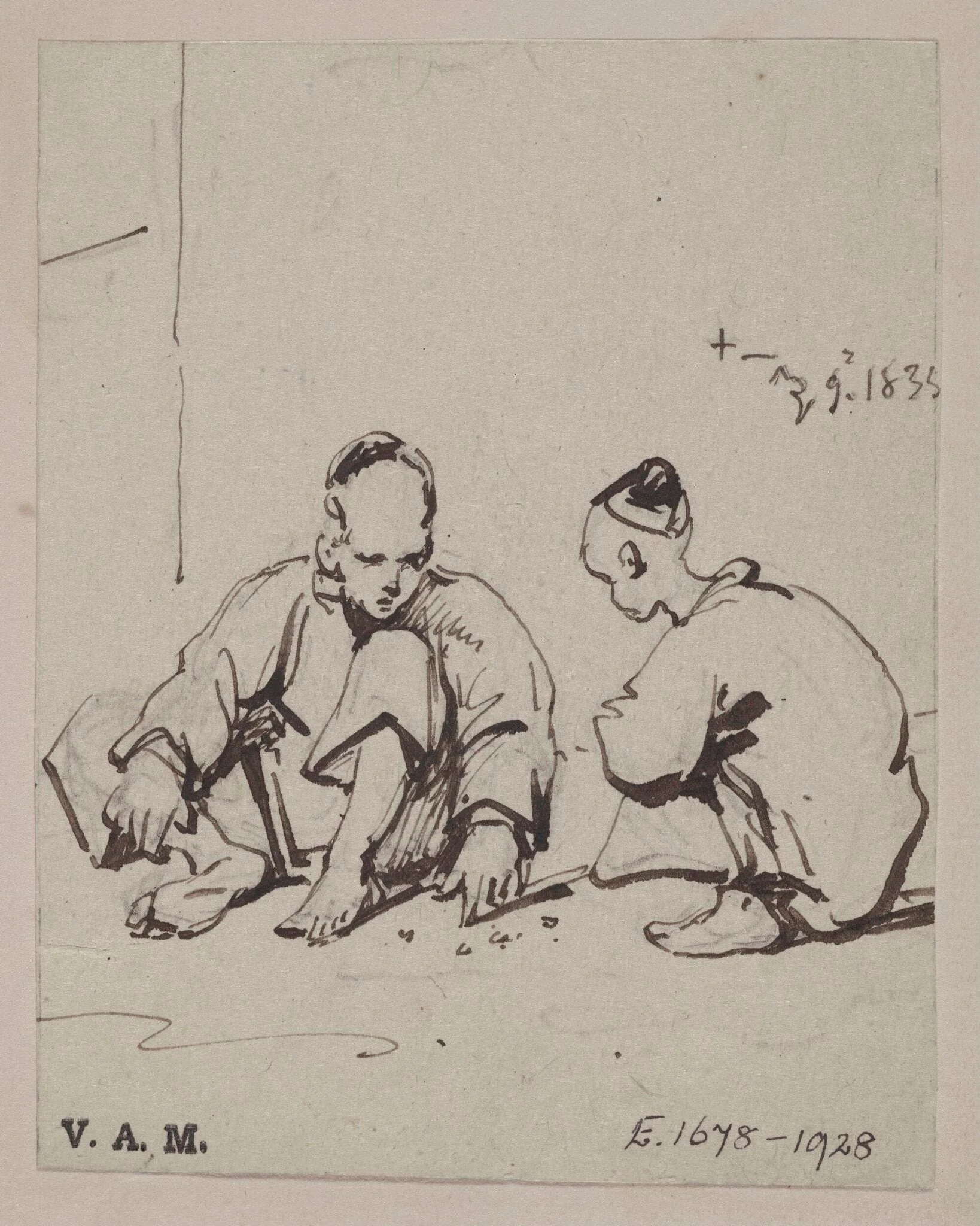 Two Chinese figures playing with pebbles on the ground, detail