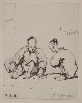 Two Chinese figures playing with pebbles on the ground, by George Chinnery, 10