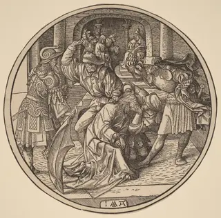 The Mocking of Christ and Christ Before Caiaphas, by Jacob Cornelisz. van Oostsanen, ink, 1513