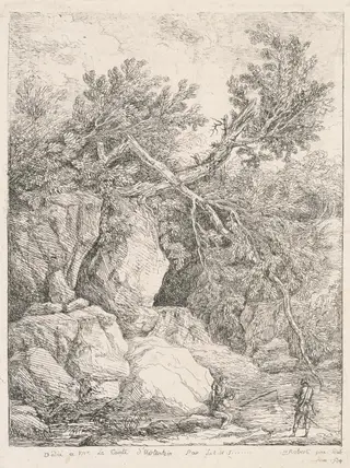 Landscape with a Fallen Tree (Paysage à l'arbre cassé), by Hubert Robert, ink, 1764
