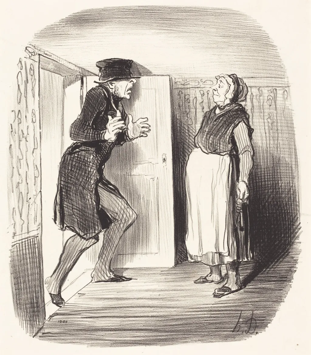 Inconvénient de visiter sans précaution un entresol..., by Honoré Daumier, ink, 1847