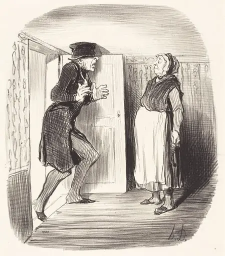 Inconvénient de visiter sans précaution un entresol..., by Honoré Daumier, ink, 1847