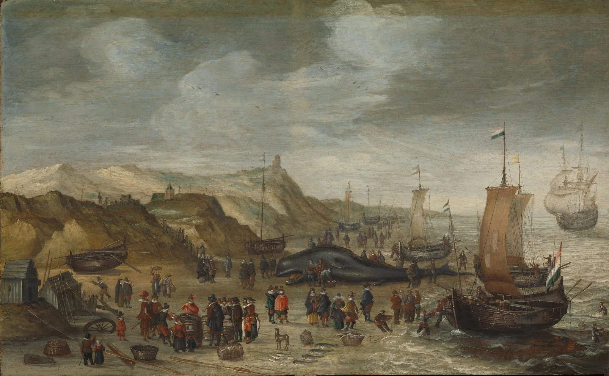 A Sperm Whale Washed up on the Beach at Noordwijk, 28 December 1614, detail