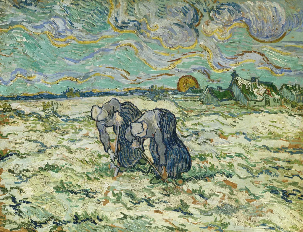 Two Peasant Women Digging in Field with Snow, by Vincent van Gogh, oil, 1890