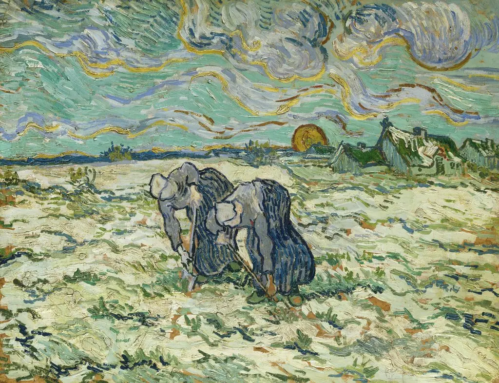 Two Peasant Women Digging in Field with Snow, by Vincent van Gogh, oil, 1890