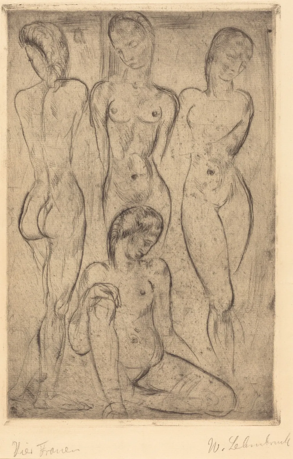 Four Women; Three Standing, One Sitting (VierFrauen; drei stehend, eine sitzend), by Wilhelm Lehmbruck, ink, 1913