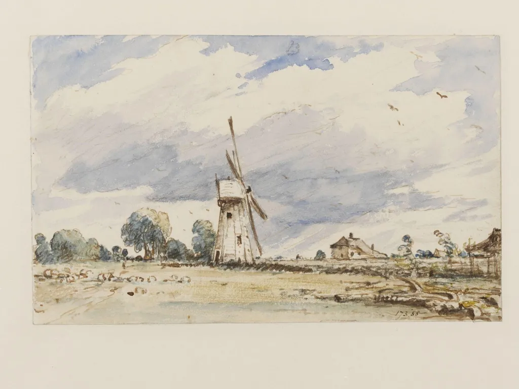 A windmill and a flock of sheep, by John Constable, watercolor, 1834