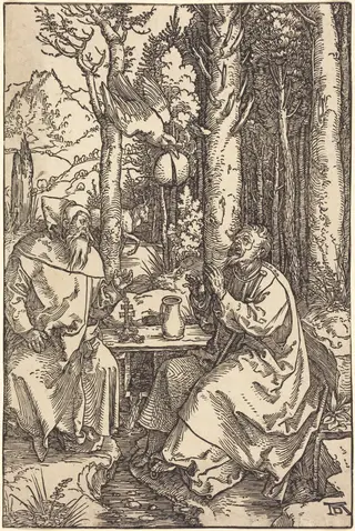 Saint Anthony and Saint Paul in the Wilderness, by Albrecht Dürer, ink, 1504