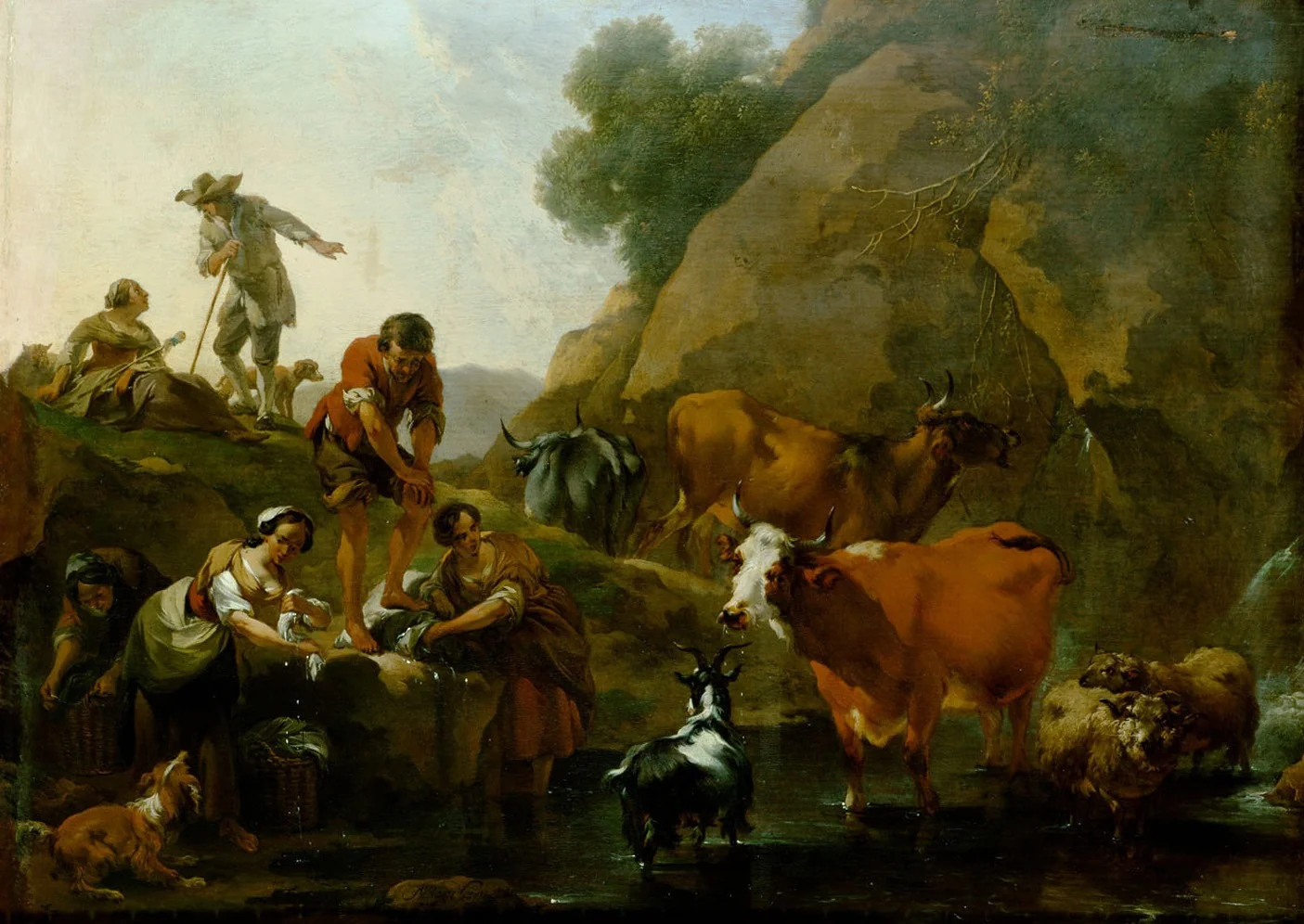 Cow herds and washing women near the water, detail