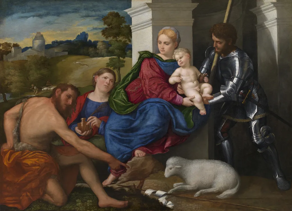 Virgin and Child with Saints John the Baptist, Mary Magdalen and George, by Paris Bordone, oil, 1524