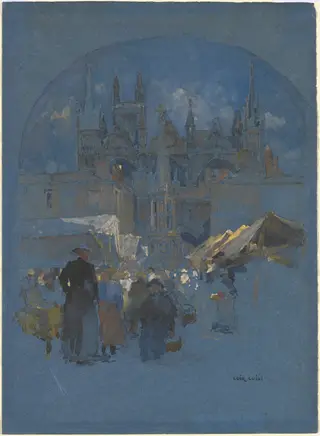 A Market Square before a Cathedral, by Luigi Aloys Francois Joseph Loir, gouache, 1880