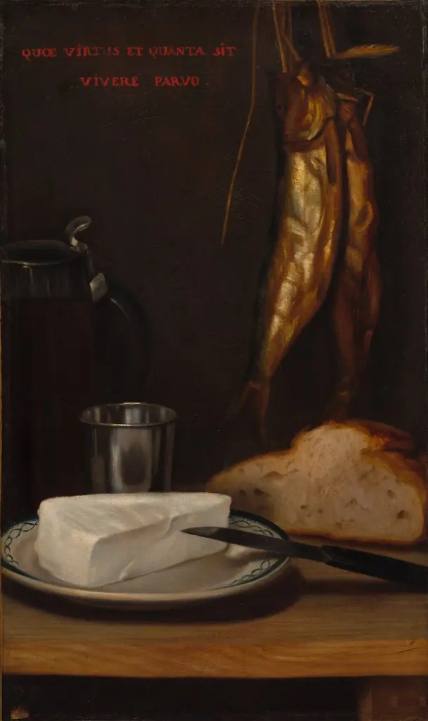 Still Life with Herring, Bread, and Cheese, by Alexandre Gabriel Decamps, oil, 1858