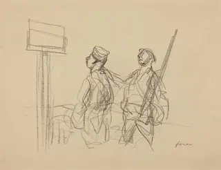 Two Soldiers Looking at a Placard, by Jean-Louis Forain, crayon, 1918