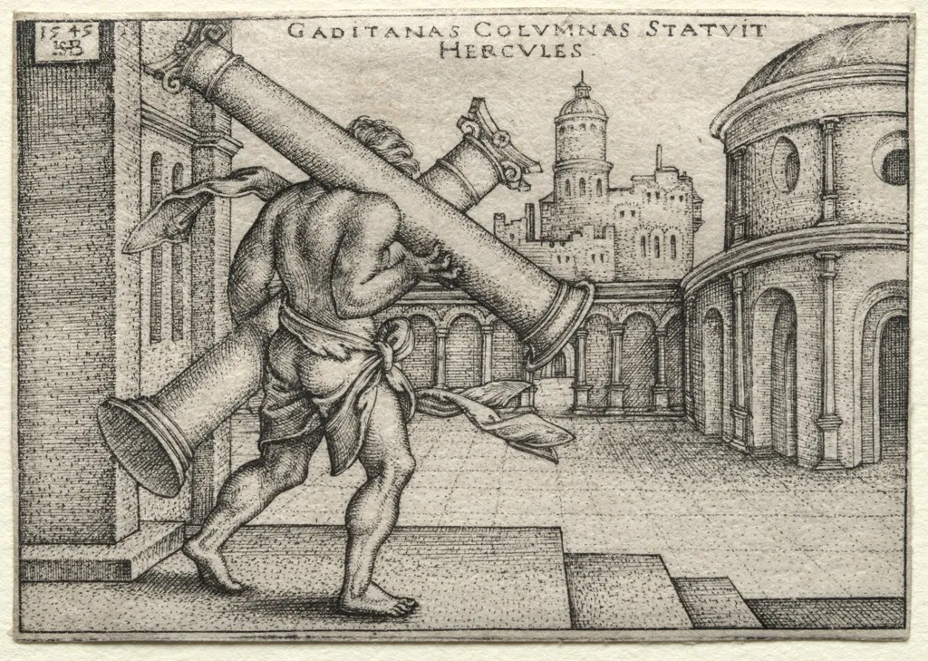 The Labors of Hercules: Hercules and the Columns of Gades, by Sebald Beham, 1545