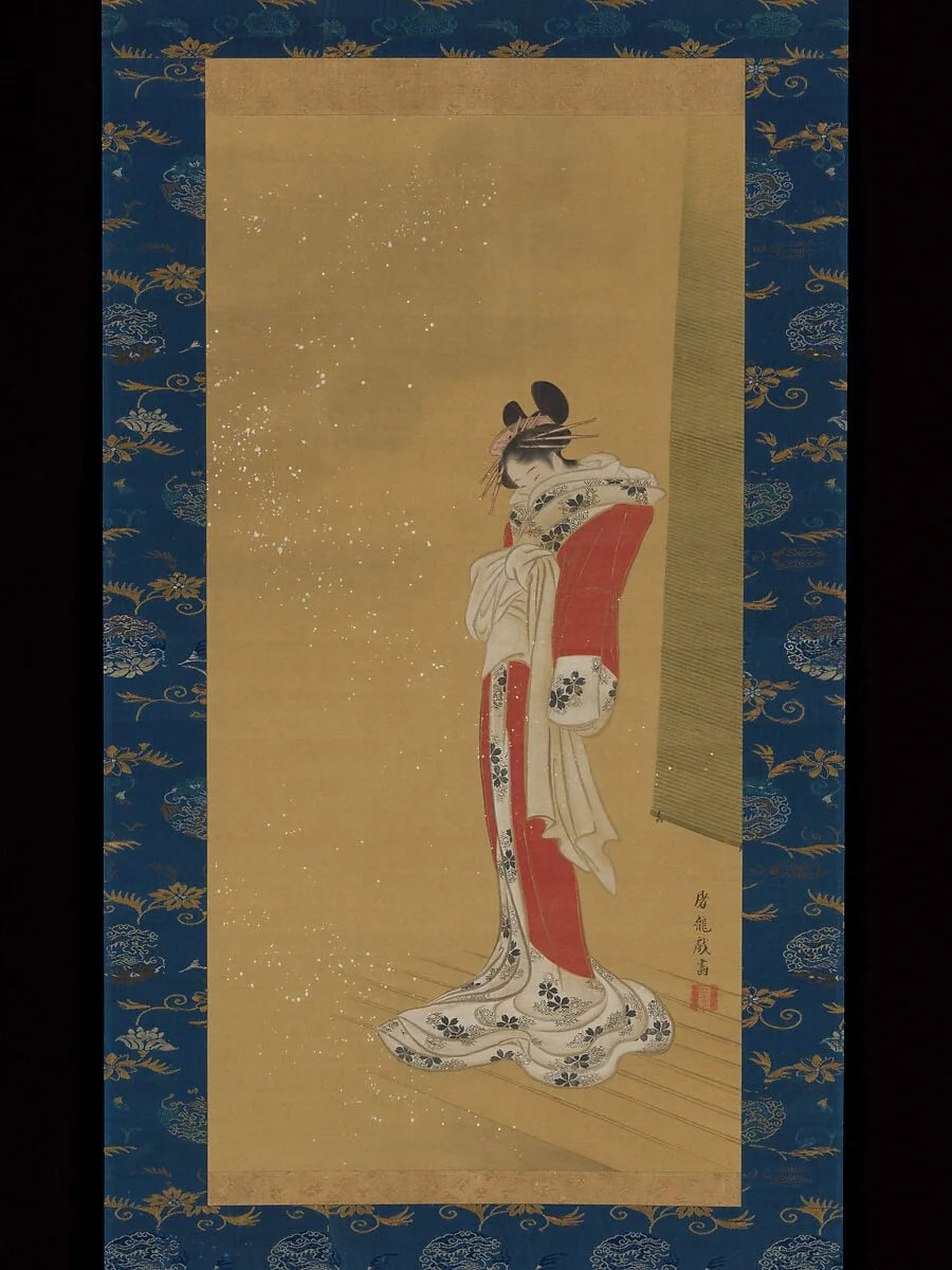雪中縁先美人図|Beauty on a Veranda in Snow, detail