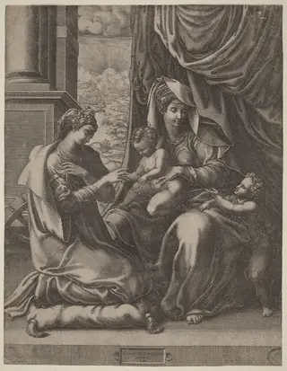 The Mystic Marriage of Saint Catherine, by Giorgio Ghisi, ink, 1555