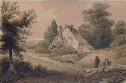 Landscape with cottage and figures, by Clarendon Smith, watercolor, 1805